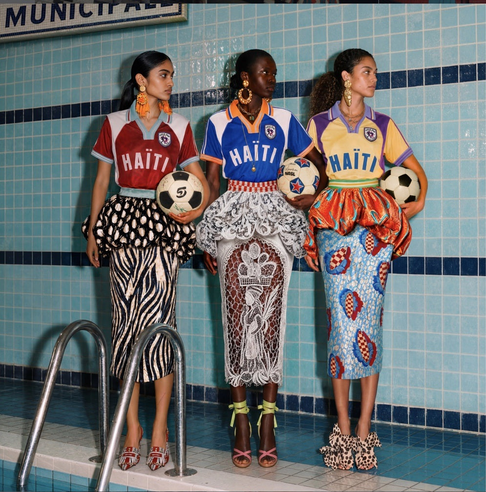 Women wearing Stella Jean L'Haitiana football-inspired fashion